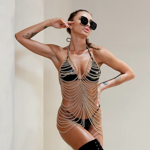 Sexy Top Halter Body Chain Jewelry Multi Layered Gold Statement Necklace - Picture 1 of 8